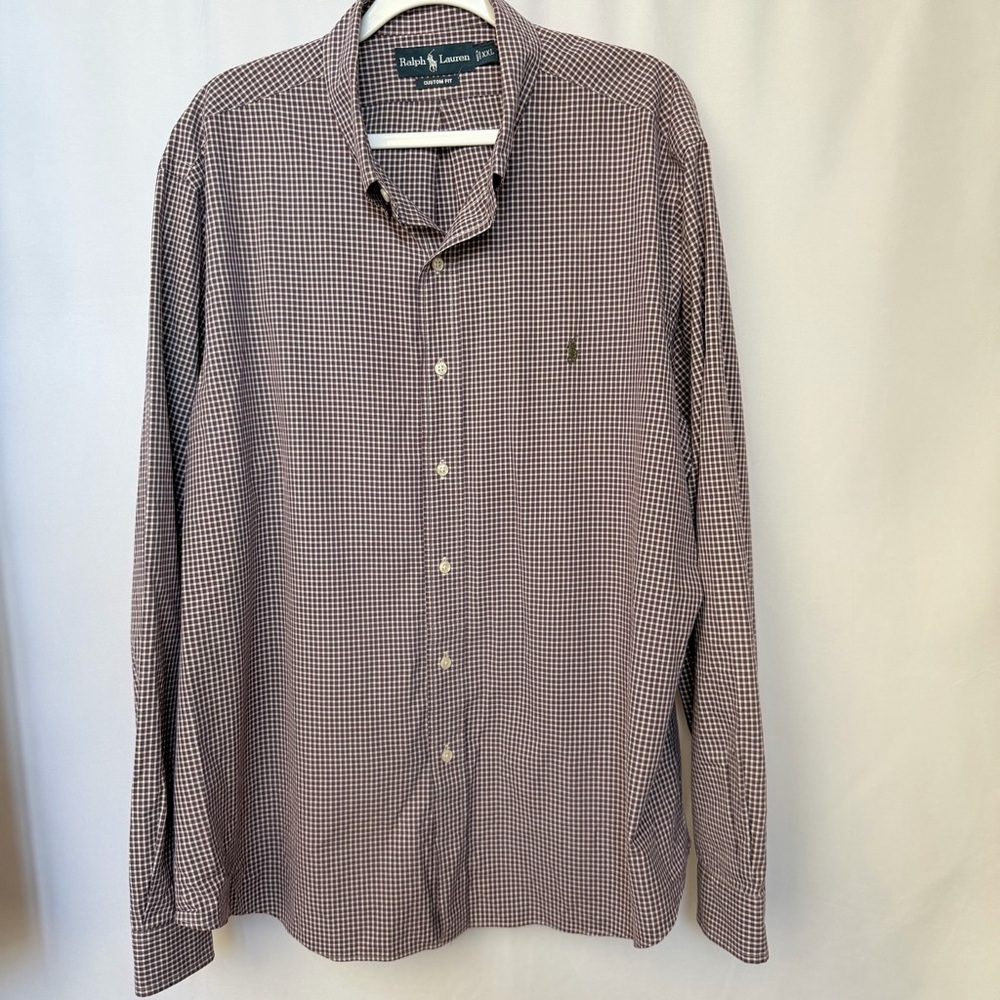 NWOT Ralph Lauren Men's Burgundy and White Checkered Shirt Custom Fit, XXL